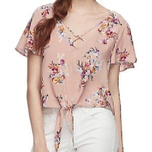 MUDD Pink White Floral Strappy Cross Cross Tie Bow Front Crop Top JUNIORS Medium